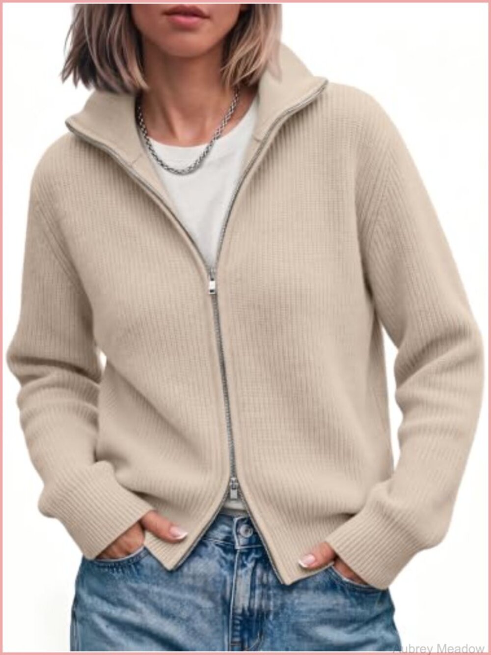 Womens Zip Up Cardigan Ribbed Knit Sweater Jacket Mock Neck Long Sleeve
